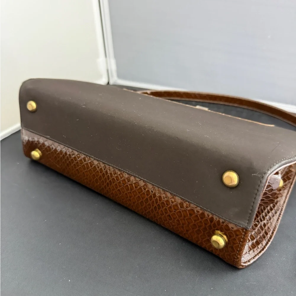 Vintage 1960s Life Stride Brown Snakeskin Embossed Top Handle Bag MCM Structured